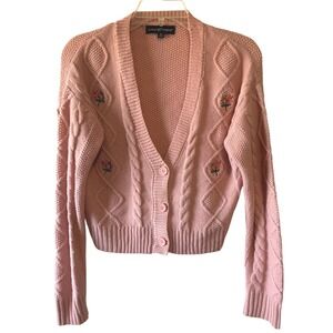 Almost Famous Pink Cropped Floral Cable Knit Cardigan M